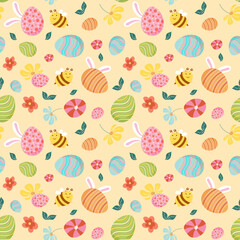 Seamless Easter pattern, ornament, background with painted Easter elements on yellow background. Festive cute design for wrapping paper, print, print, fabric, postcard, flyer, packaging.  Vector image