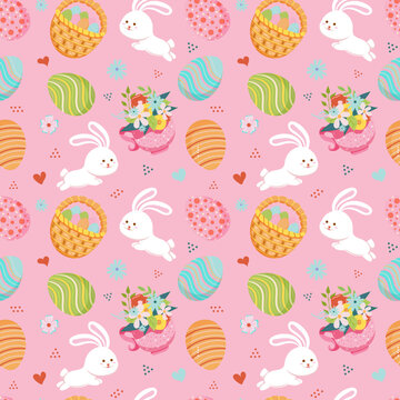 Seamless Easter pattern, ornament, background with painted Easter elements on pink background. Festive cute design for wrapping paper, print, print, fabric, postcard, flyer, packaging.  Vector image  