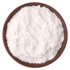 Flour in a brown round plate, top view, transparent background