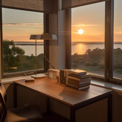 Reading room with large windows during a sunset