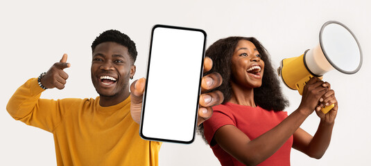 Great Promo. Black Man And Woman Using Megaphone And Showing Blank Smartphone