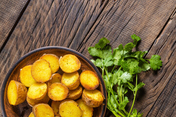 Fried potato wedges on a dark wooden background