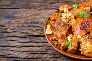 fried chicken leg on a plate with seasonings on a dark wooden background