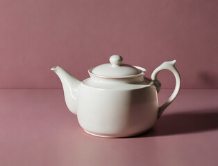 White ceramic teapot on pink background. Generative AI
