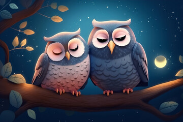 Cute owls sitting on a tree branch at night with a full moon. Generative ai