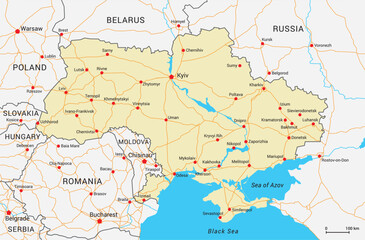 Ukraine and neighbours on vector map with cities and main roads. Editable map layers.