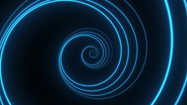 Travel through abstract neon spiral tunnel. Glowing wormhole motion background