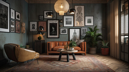 Eclectic Interior Elegance: Wall art, interior style mix, vintage furniture, generative ai