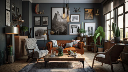 Eclectic Interior Elegance: Wall art, interior style mix, vintage furniture, generative ai