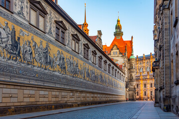 Sunrise view of the Fürstenzug mosaic in Dresden, Germany