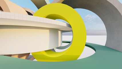 Abstract architecture background curved buildings alown road 3d render