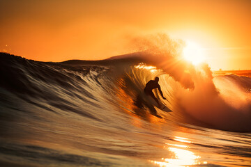 Surfer Riding a Wave at Sunset, Generative AI