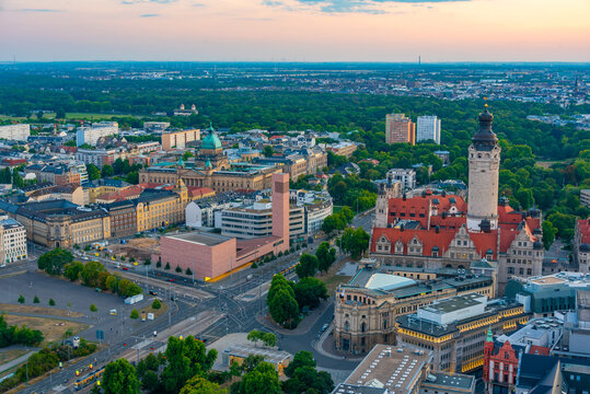 Sunset panorama view of the new town hall and its neighborhood in Leipzig, Germany