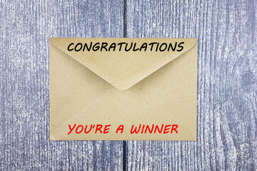Envelope with the inscription Congratulations you are the winner. Letter of congratulations to the...
