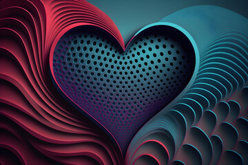 3D grey heart with halftone blue and red background. The heart with realistic texture and details. Original design banners, posters concept. Generative AI