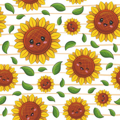 Seamless Pattern Cute SunFlowers. Kawaii Vector Cartoon Illustration