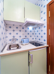Little retro kitchen with green cabinets and vintage mid century tiles in the entrance of a holiday apartment