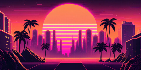 Synth wave tropical retro city landscape background at sunset horizontal Generative AI
