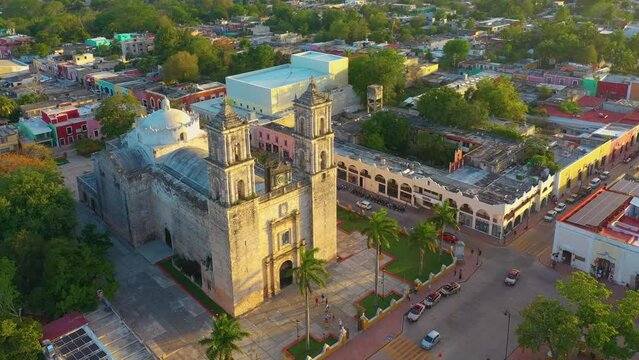 Aerial sunset view of San Servacio Church (Templo de San Servacio), Valladolid, Yucat&aacute;n, Mexico.