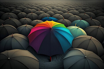 A rainbow umbrella peeks out from a sea of black umbrellas. Generative AI