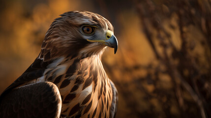 A Hawk in the wild at golden hour. Beautiful shallow focus depth of field illustration shot. Generative AI.