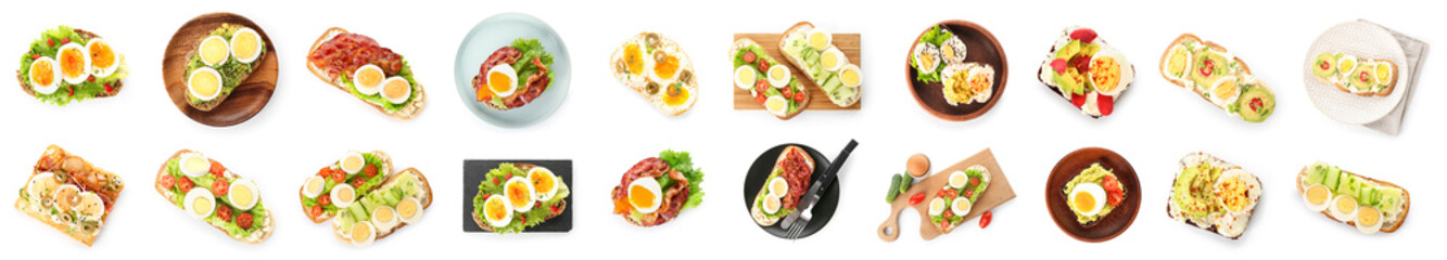 Collage of tasty toasts with boiled eggs on white background, top view