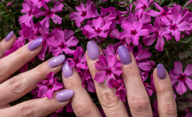 Fototapeta premium Close-up of well-groomed female nails with lilac and purple color gel. Beautiful clear fingers of a young girl with nice manicure. Girl hands immersed in nature above spring lilac flowers.