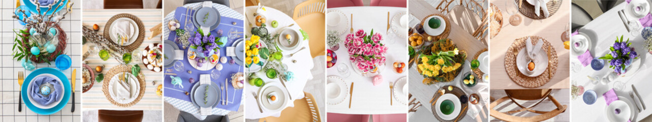 Set of beautiful table settings for Easter dinner, top view