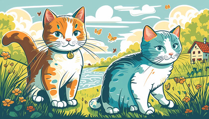 Funny cat and kitten butterfly illustration generated by AI