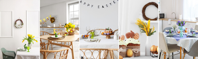 Collage of beautiful table settings for Easter dinner in room