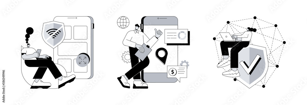 Poster mobile app development abstract concept vector illustration set. progressive web app, rich internet 