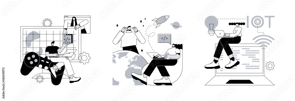 Poster programming team abstract concept vector illustration set. computer games, virtual world and iot dev