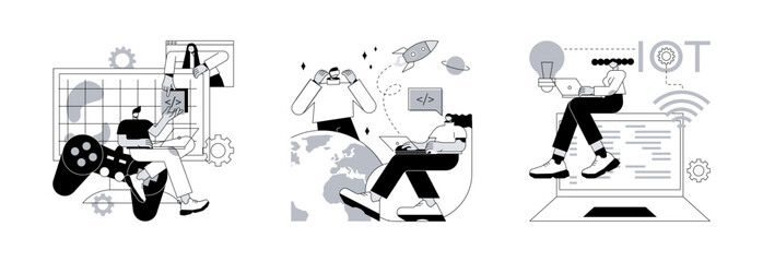 Programming team abstract concept vector illustration set. Computer games, virtual world and IoT development, VR graphic design, testing and deployment, Internet of things abstract metaphor.