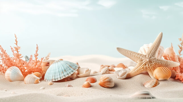 Beach / sea themed banner or header with beautiful shells, corals and starfish on pure white sand - summer concept. Generative AI