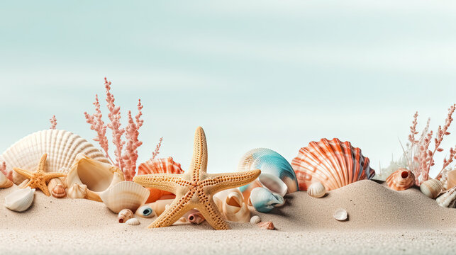 Beach / sea themed banner or header with beautiful shells, corals and starfish on pure white sand - summer concept. Generative AI