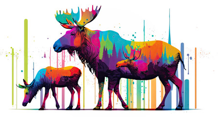 Moose and Calf Colorful Illustration Animal Wildlife White Background