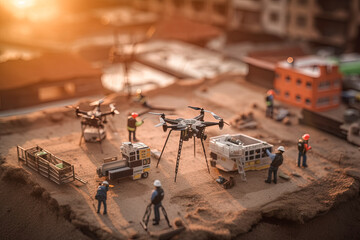 Team of engineers inspects the engines of a drone. Tiny workers building a miniature city with drones. Generative AI