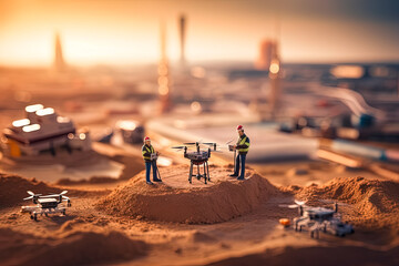 Naklejka na ściany i meble Team of engineers inspects the engines of a drone. Tiny workers building a miniature city with drones. Generative AI