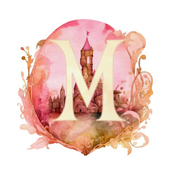 M letter magic fairytale castle, Monogram, font, text, phrase, inscription, word in pink colors. Mother's day concept, typography design. Isolated, transparent, png for  an ad or a print, postcard.