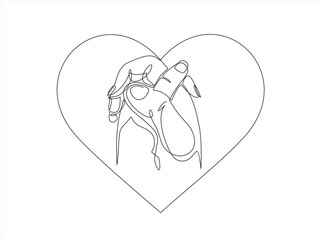 Holding hands  in heart one line drawing on white isolated background. Man's hand holding woman's hand inside heart. Vector illustration
