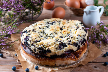 Fresh Baked Homemade Blueberry Cake on wooden table