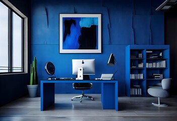 Blue Horizon in 3D A Modern Home Office with Desk and Computer in Blue Hues, Generative AI 