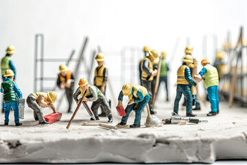 Obraz premium Construction workers wearing safety helmets and vests are tiling. Macrophotography tiny little workers. Generative AI