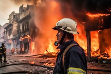 Fototapeta na wymiar Portrait of a firefighter battling a raging inferno