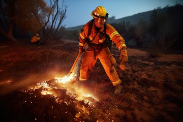 Naklejka premium Firefighter battling a raging inferno