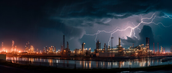 Naklejka na ściany i meble Thunderstorm over a petroleum refinery at night, generative ai