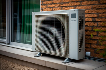 Window-mounted air conditioning unit, generating cool air inside but expelling heat outside, generative AI