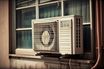 Window-mounted air conditioning unit, generating cool air inside but expelling heat outside, generative AI