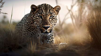 Leopard in the Golden Fields: Beauty of the African Savanna (Generative AI)