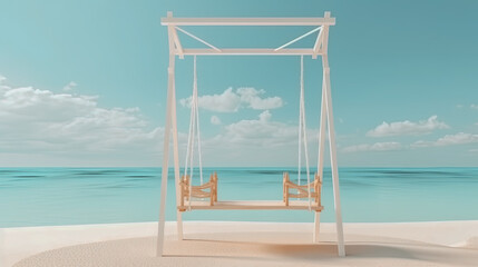 Fototapeta na wymiar Tropical beach background with white beach swing and white sand and calm sea beach banner. Summer Vacation Travel and Holiday concept. Generative AI